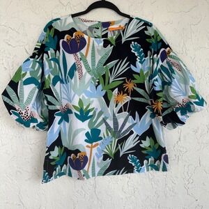 Oliphant Tropical Botanical Puff Sleeve Cotton Blouse Women Medium